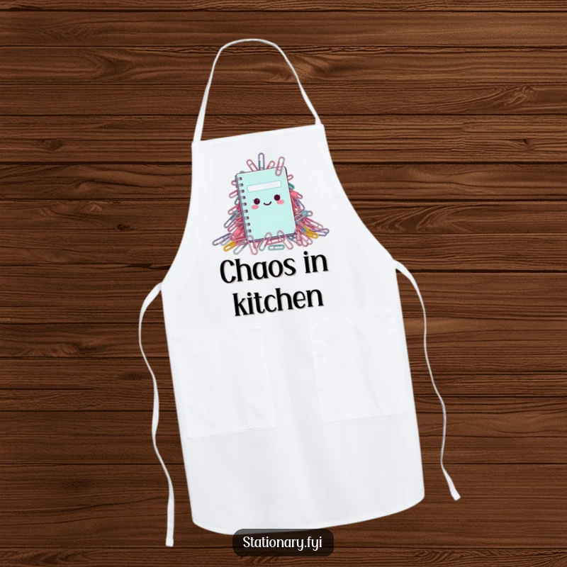 Funny Apron: A small notebook peeking from a mountain of paperclips, a humorous kitchen accessory.