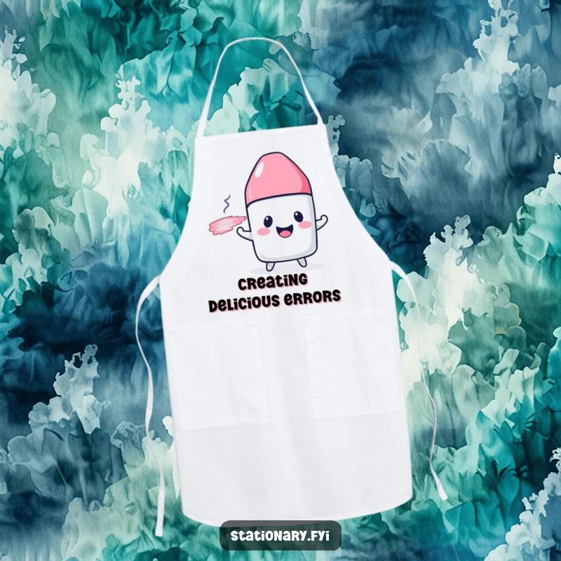 Funny apron showing a cheerful eraser character joyfully smudging a drawn line, ideal for playful cooks.