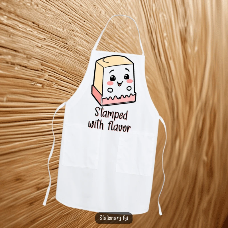 Funny apron design showing a cheerful rubber stamp enthusiastically stamping a wobbly line, a humorous and practical accessory.