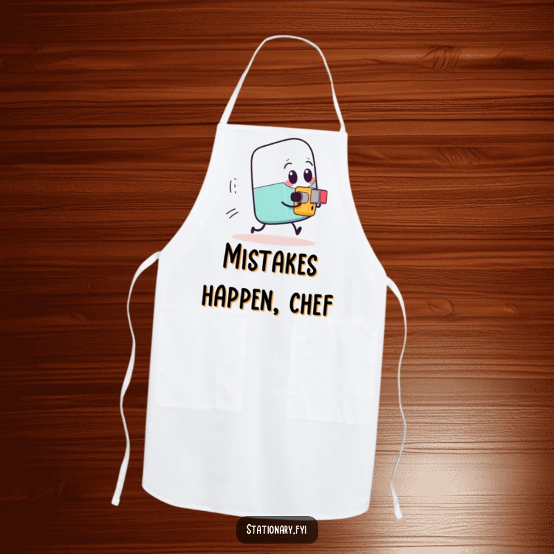 Funny expressive eraser being chased by a tiny determined pencil sharpener, a humorous apron for kitchen enthusiasts.