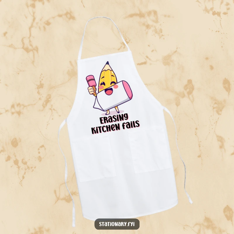 Funny apron depicting a happy pencil character drawing a smiley face on a large eraser, great for artistic chefs.