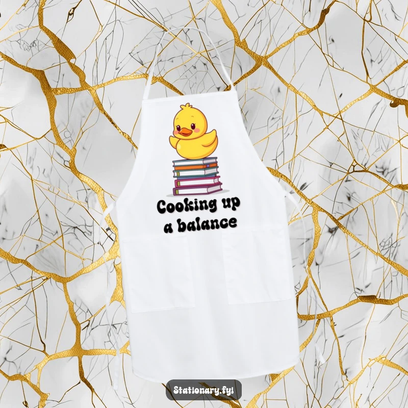 Funny apron showing a rubber ducky balancing on a stack of notebooks, perfect for a whimsical cook or student.