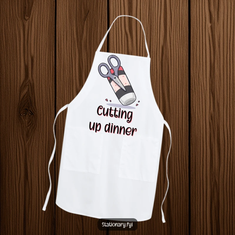 Funny scissors attempting to chop a giant rubbery eraser, a humorous apron for kitchen artists.