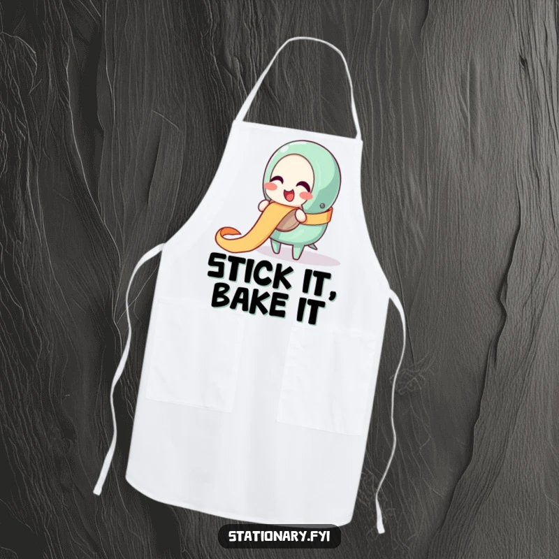 Funny apron with a giggling tape dispenser character happily unraveling a ribbon, perfect for party prep and cheerful crafting.