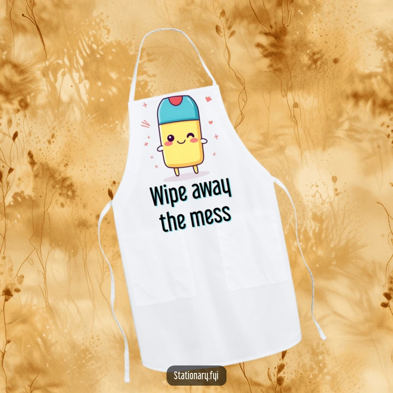 Funny Apron with a smiling eraser happily cleaning up scribbles, bringing artistic tidiness and humor to the kitchen, a hilarious gift.