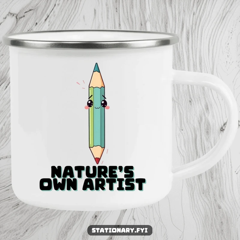Funny camping mug showing a confused pencil attempting to draw itself, perfect for artistic adventurers who appreciate humor.