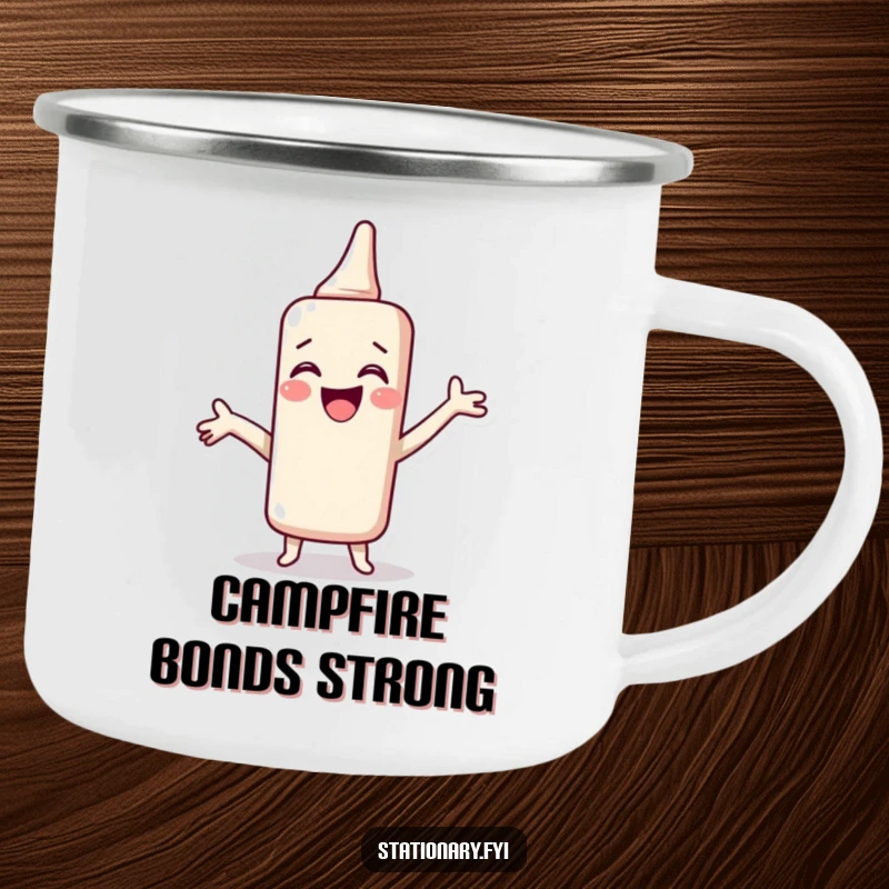 Funny Camping Mug with a giggling glue stick spreading joy, perfect for outdoor adventures with artistic adhesion and as a great gift.