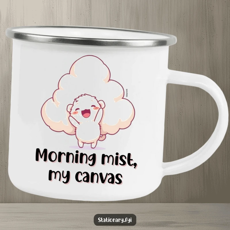 Funny enamel camping mug showcasing a small, fuzzy creature attempting to staple a giant cloud, perfect for outdoor humor.