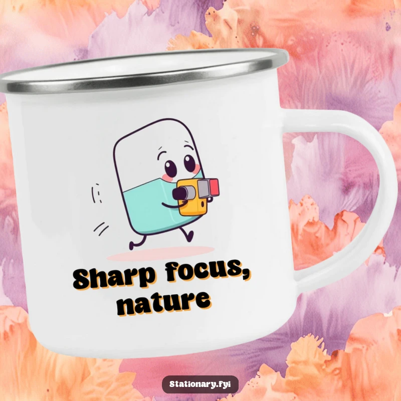 Funny expressive eraser being chased by a tiny determined pencil sharpener, a durable camping mug for outdoor humor.