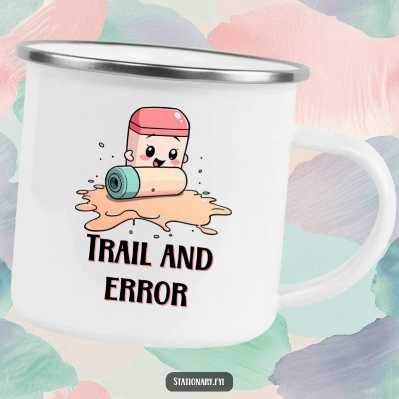 Funny camping mug showing a frantic eraser rolling to clean a huge ink spill, perfect for adventurers who appreciate humor and tidiness.