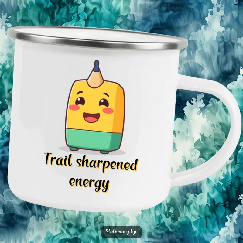 Funny Camping Mug: A cheerful pencil sharpener character with a big grin, ideal for outdoor sipping and adding humor to camping.