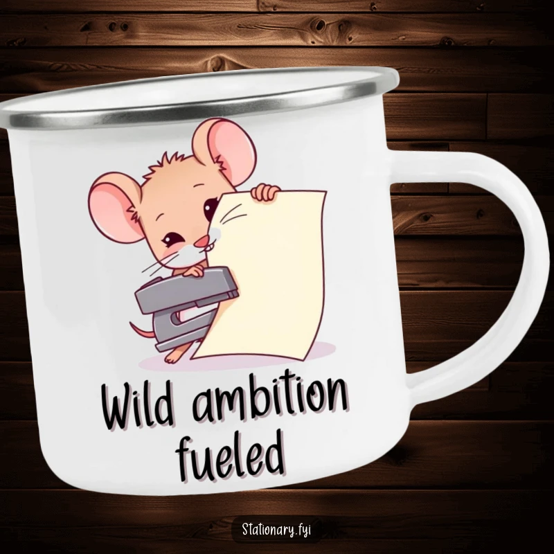 Funny camping mug showing a tiny mouse valiantly stapling a massive paper with a small stapler, perfect for adventurers with humor.