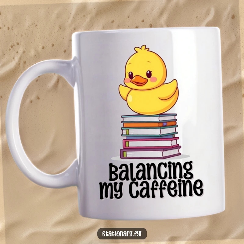 Funny mug of a yellow rubber ducky precariously balancing on a tall stack of colorful notebooks, symbolizing academic or life challenges.