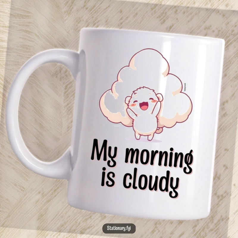 Funny mug of a small, fuzzy creature with big eyes attempting to staple a fluffy, giant cloud with a determined but futile expression.