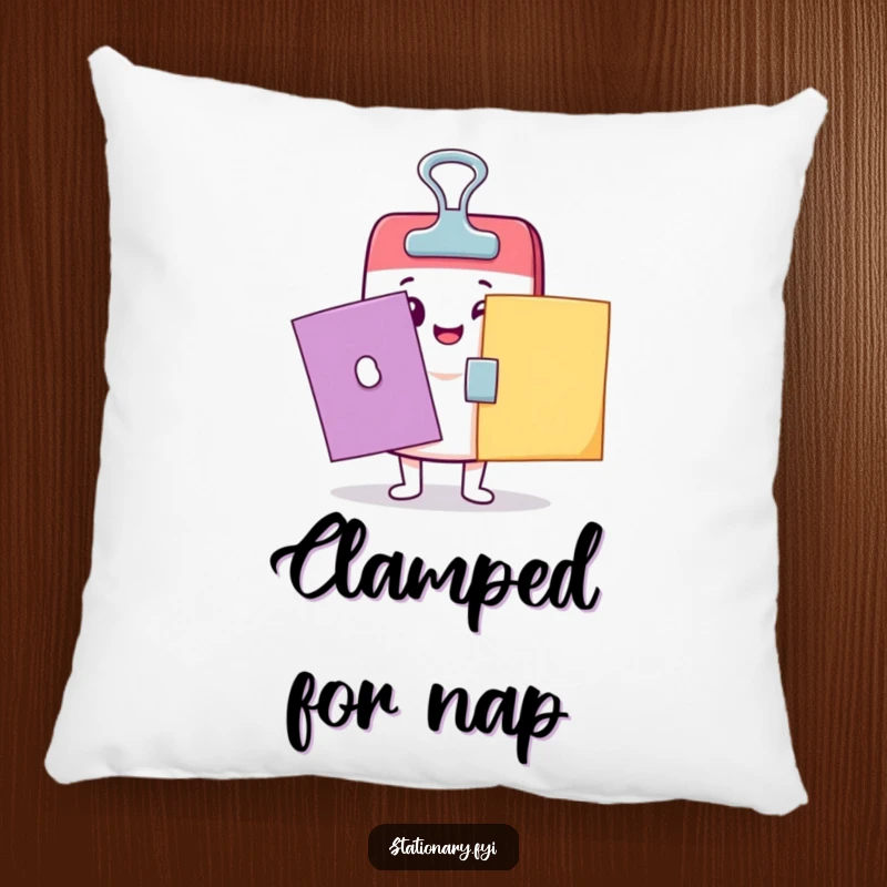 Funny Kawaii binder clip character snugly clamping papers on a plush pillow, offering comfort and humor.