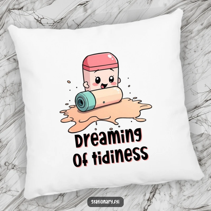 Funny pillow graphic of a frantic eraser rolling to clean a huge ink spill, a humorous and comforting decor piece.