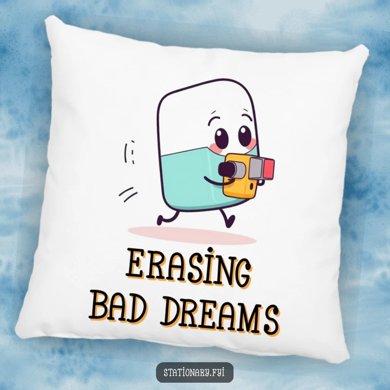 Funny expressive eraser being chased by a tiny determined pencil sharpener, a soft and humorous pillow.