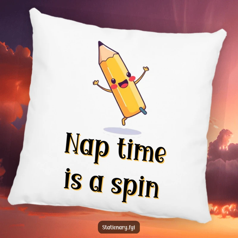 Funny Pillow depicting a pencil performing a cartwheel with an eraser, adding a touch of playful decor.