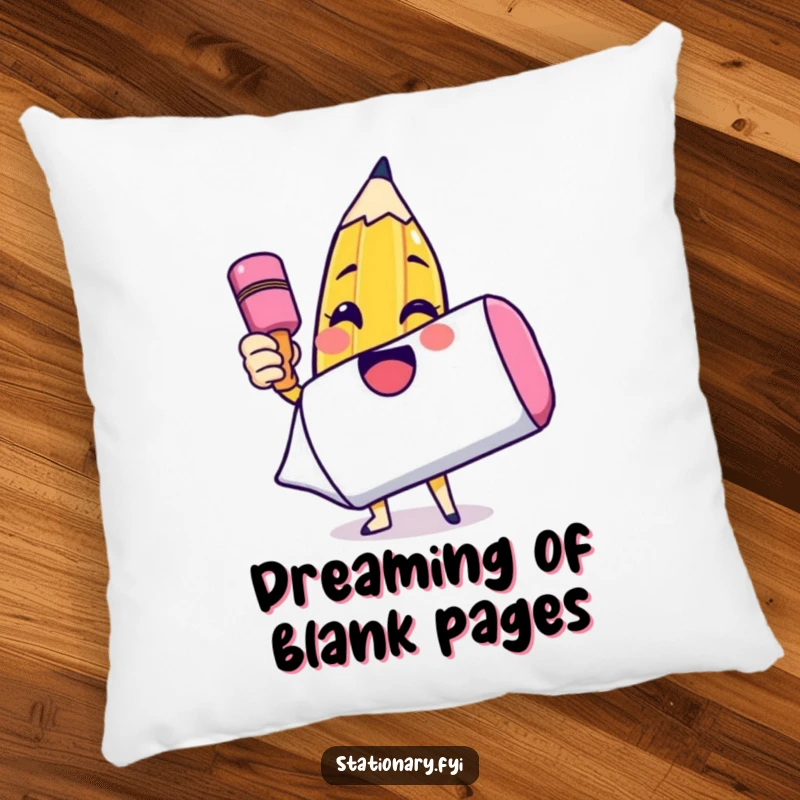 Funny pillow showing a smiling pencil character drawing a large smiley face on an oversized eraser, offering comfort and humor.