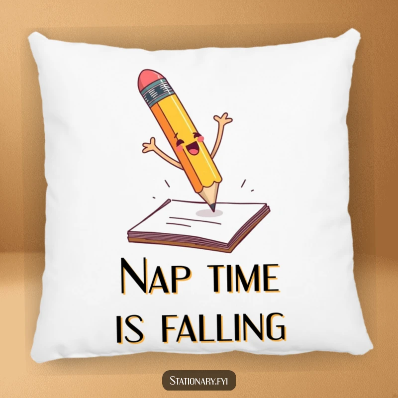 Funny pencil dramatically falling off a desk with flailing arms, a soft and humorous pillow.