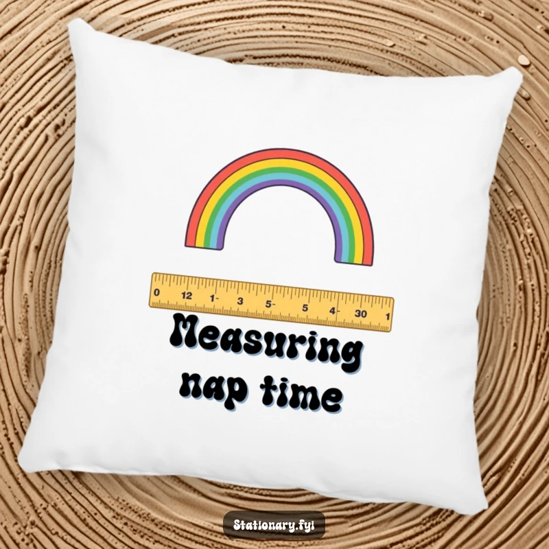 Funny pillow: A precise ruler is depicted measuring a colorful rainbow, adding a touch of whimsy.