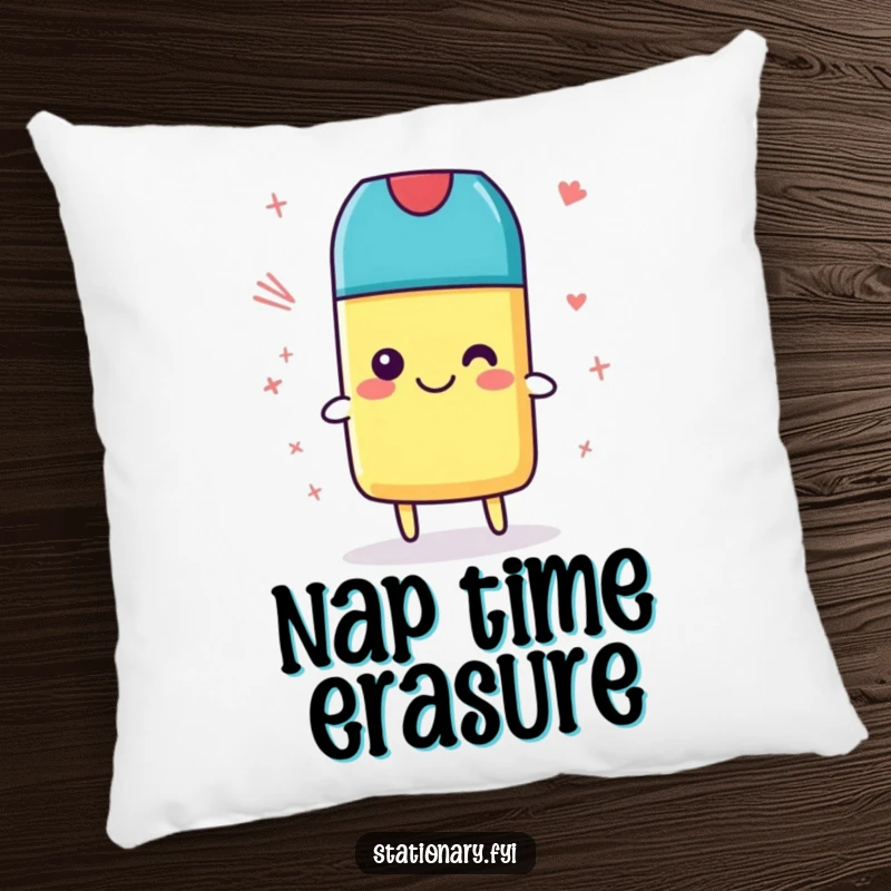 Funny Pillow with a smiling eraser cleaning scribbles, offering plush comfort and a dose of artistic tidiness, an ideal gift.
