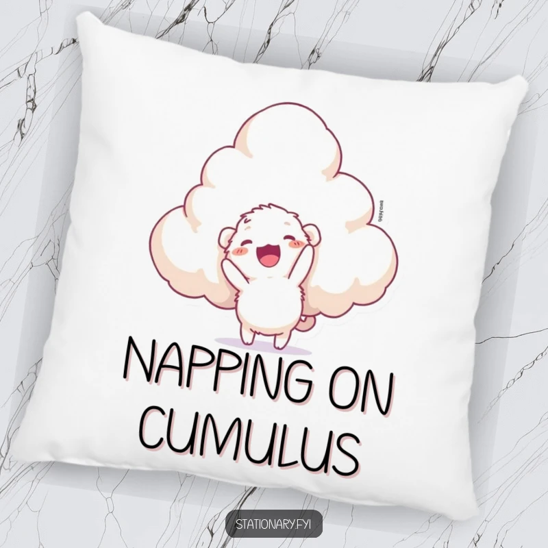 Funny pillow illustration of a round, fuzzy creature attempting to staple a massive, ethereal cloud, radiating cheerful absurdity.