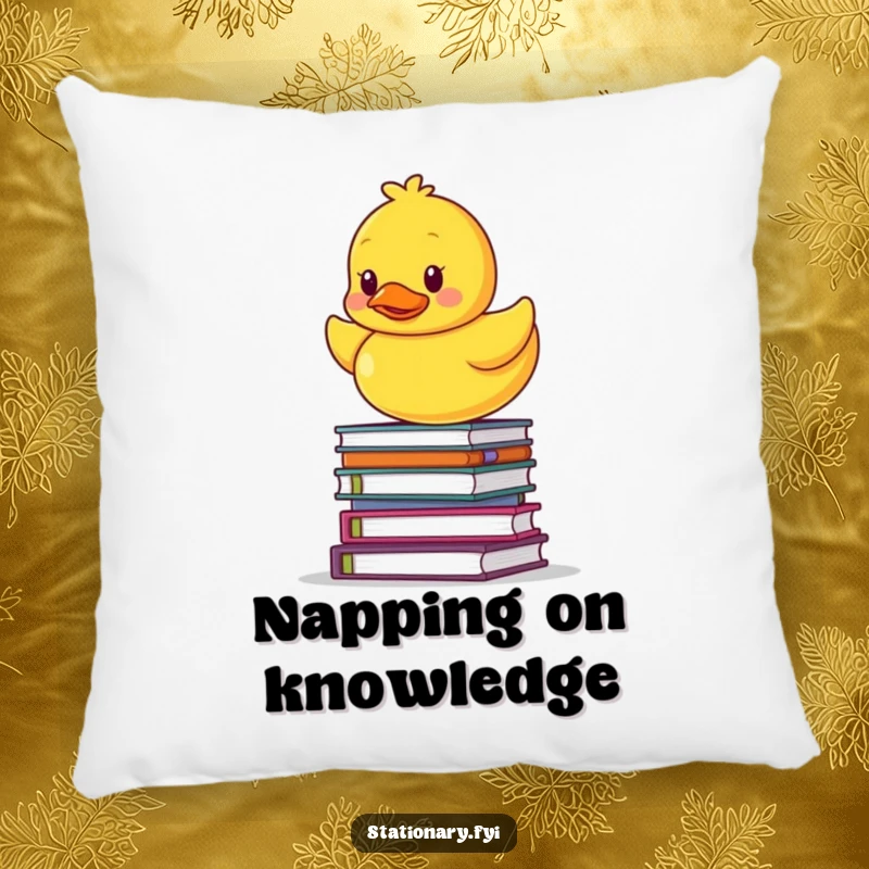 Funny pillow illustration of a rubber ducky teetering on a pile of notebooks, offering a humorous and cozy accent.
