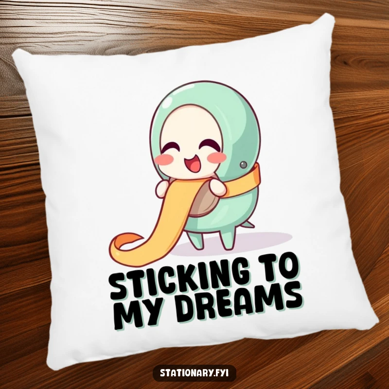 Funny pillow with a giggling tape dispenser character happily unraveling a ribbon, offering cozy comfort and cheerful design.