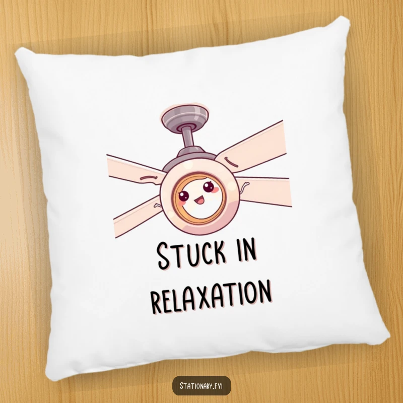 Funny tape roll comically stuck on a ceiling fan, a soft and humorous pillow for ultimate comfort.