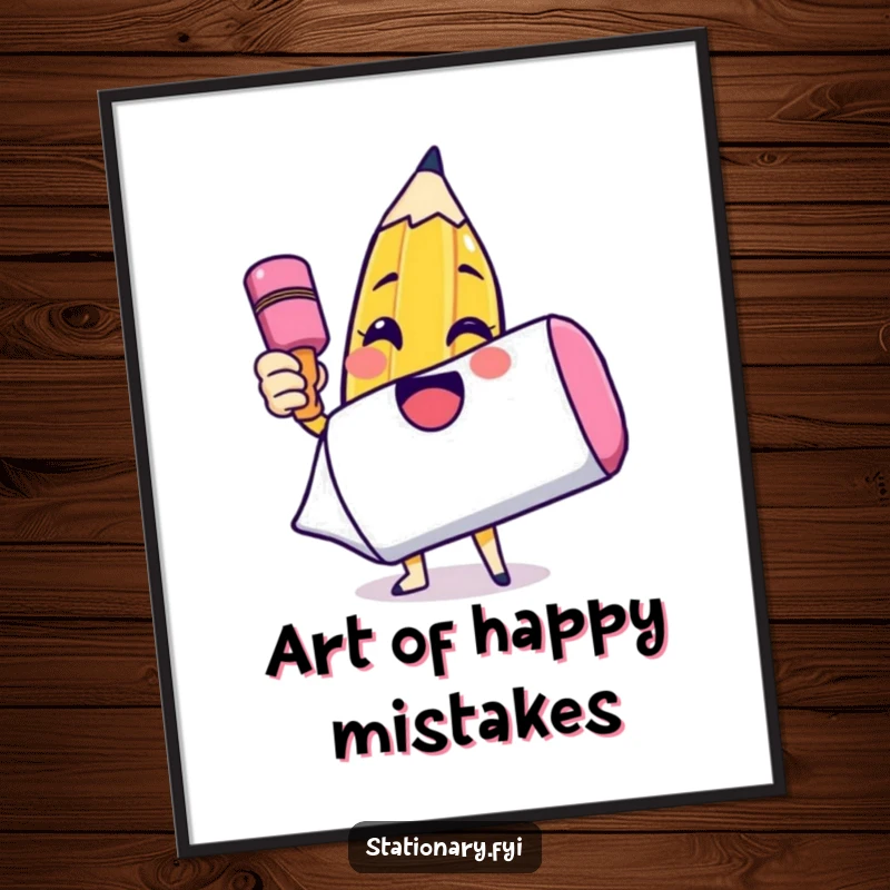 Funny digital art print of a smiling pencil character drawing a smiley face on an oversized eraser, symbolizing creativity and happiness.