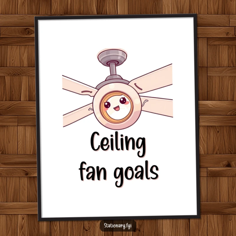 Funny tape roll comically trying to stick to a ceiling fan, high-resolution digital art for humorous decor.