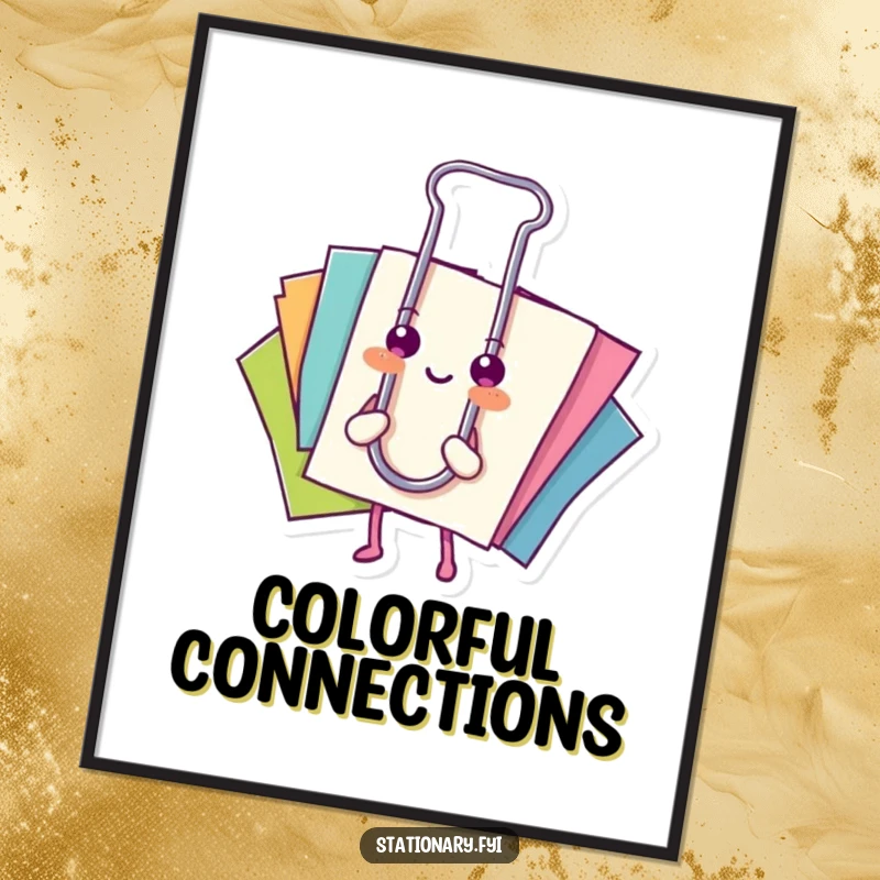 Funny digital art print: A happy paperclip holds colorful papers, creating art that symbolizes organization.
