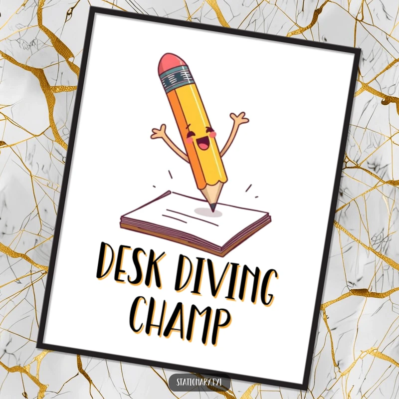 Funny pencil dramatically falling off a desk with flailing arms, high-resolution digital art for humorous decor.