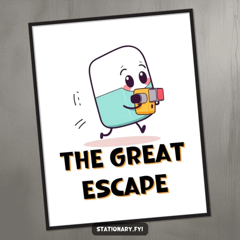 Funny expressive eraser being chased by a tiny determined pencil sharpener, high-resolution digital art for humorous decor.