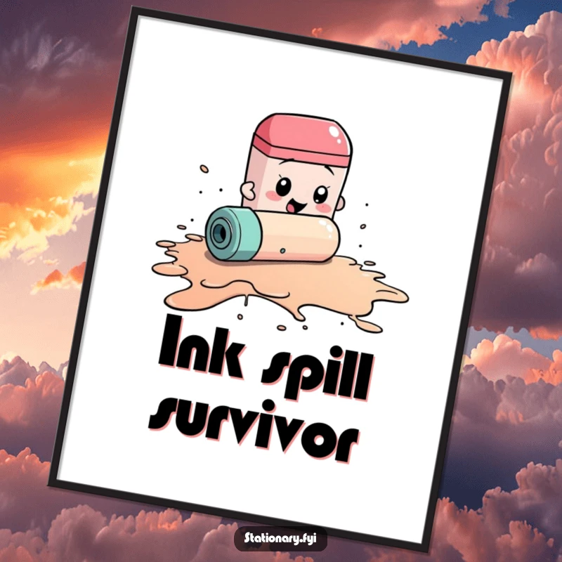 Funny digital art print of a frantic eraser attempting to clean a massive ink spill, a humorous and visually engaging piece.