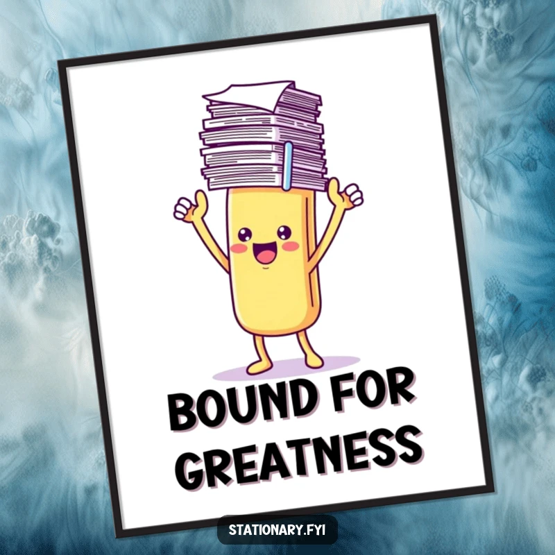 Funny Digital Art Print of a triumphant Kawaii paperclip character holding a stack of papers, perfect for motivational decor.