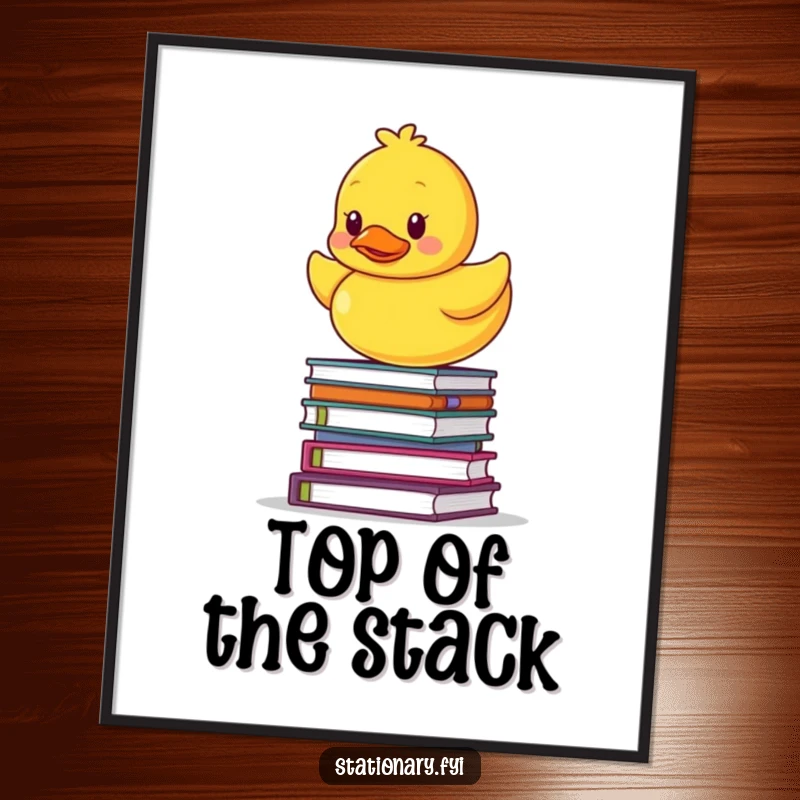 Funny digital art print of a yellow rubber ducky precariously balancing on a stack of notebooks, symbolizing humorous challenges.