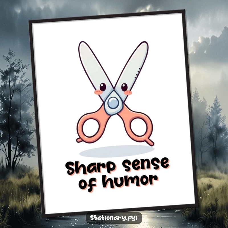 Funny Digital Art Print: Animated scissors character engaged in a comical dance, perfect for humorous and lively wall decor.