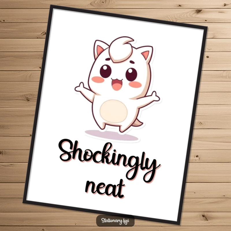 Funny Digital Art Print of a Kawaii staple remover character in a comical, surprised jump, perfect for adding humor to any space.