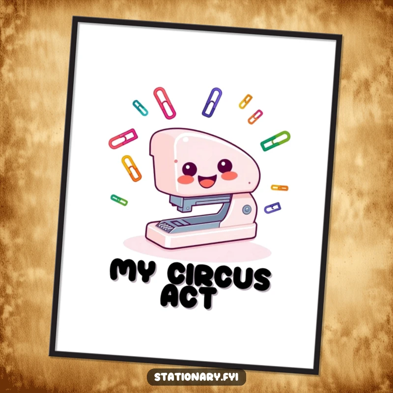 Funny Digital Art Print of a smiling stapler juggling paper clips, embodying office amusement and skill.