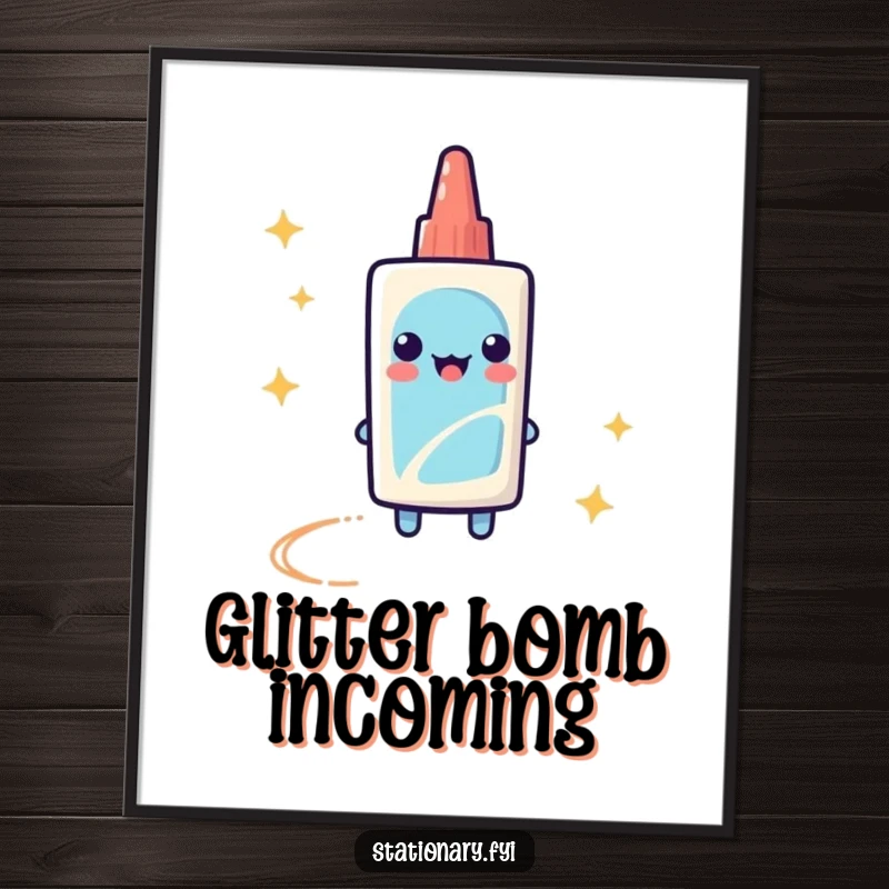 Funny Digital Art Print of a playful glue stick leaving a sparkly trail, embodying creativity and fun.