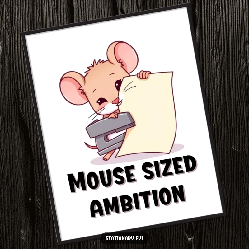 Funny digital art print of a small mouse struggling to staple a giant paper with a tiny stapler, a humorous visual of effort.