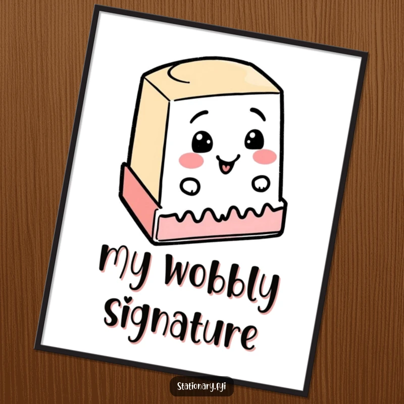 Funny digital art print of a cheerful rubber stamp enthusiastically stamping a wobbly line, a humorous and uplifting visual.