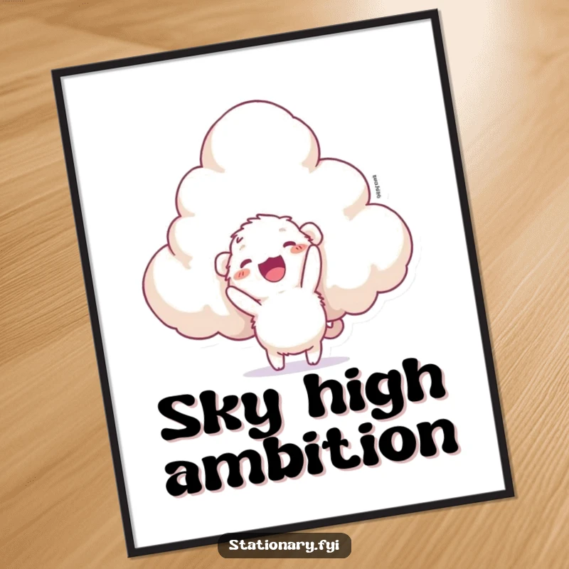 Funny digital art print of a small, fuzzy creature with a stapler aiming at a massive, wispy cloud, embodying playful ambition.