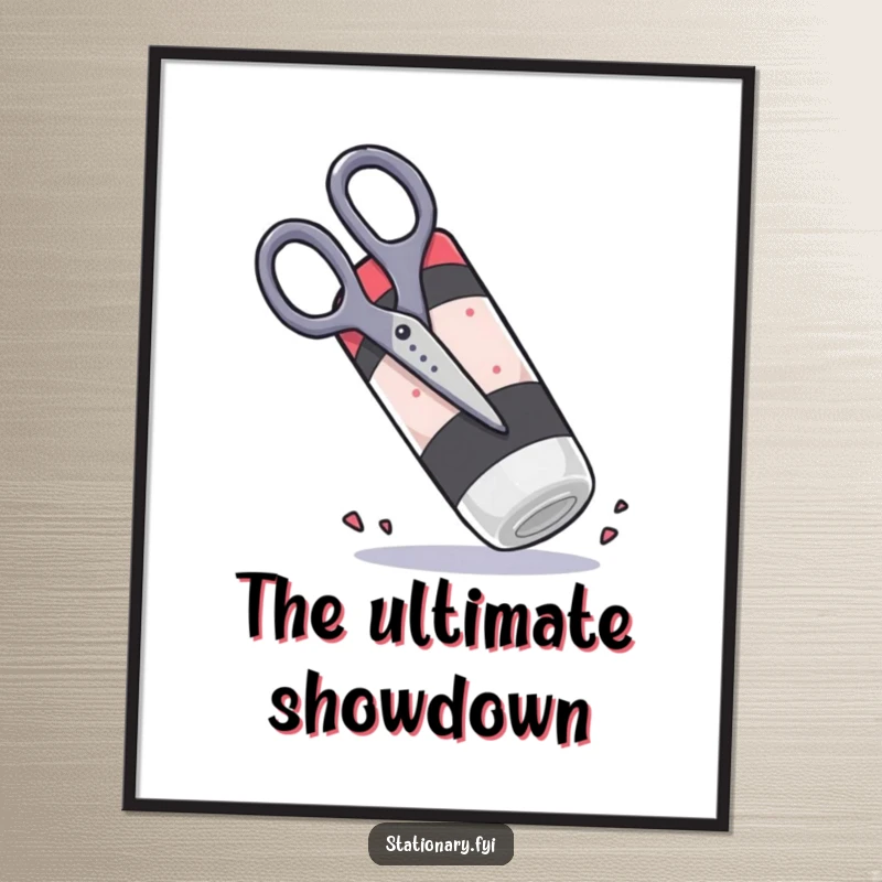 Funny scissors attempting to chop a giant rubbery eraser, high-resolution digital art for humorous decor.