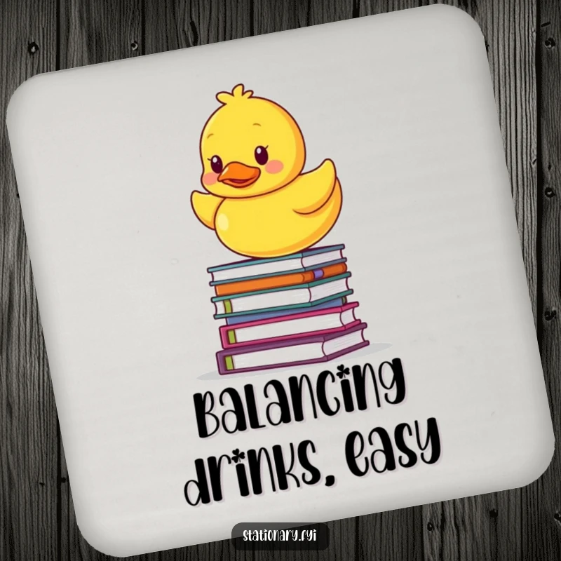 Funny drink coaster with a rubber ducky balancing on a stack of notebooks, adding humorous protection to surfaces.