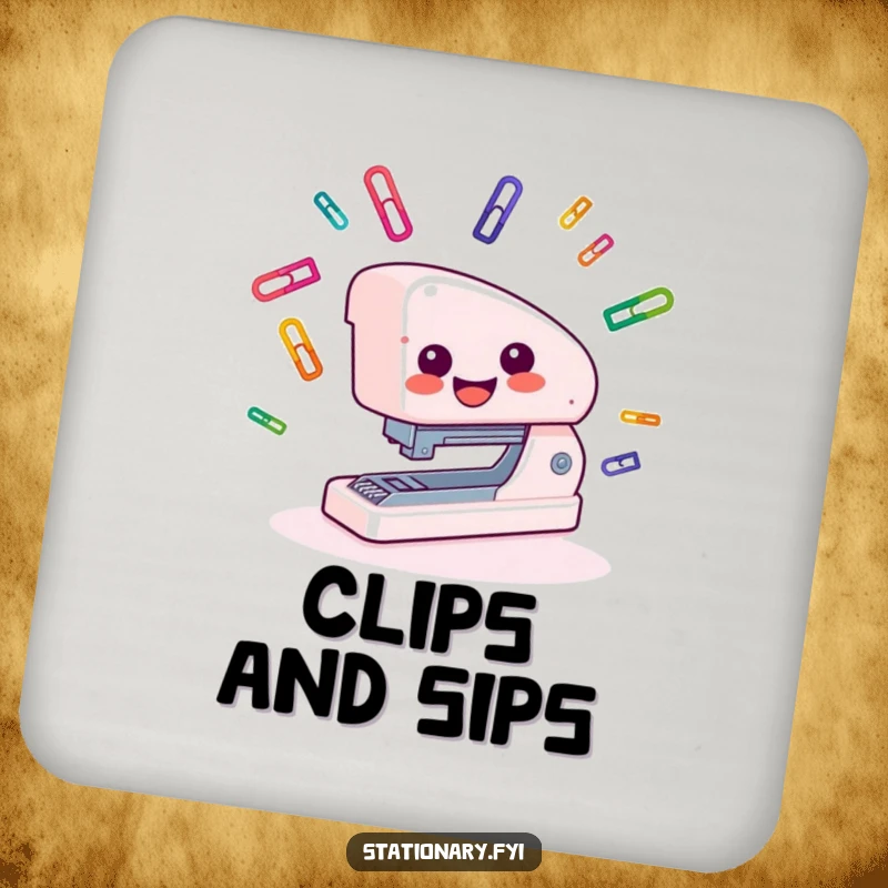 Funny Drink Coaster featuring a smiling stapler juggling paper clips, adding office-themed humor to tables.