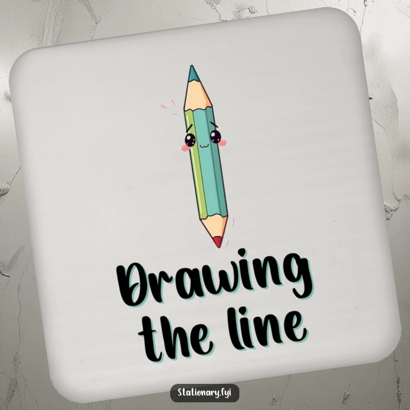 Funny drink coaster depicting a bewildered pencil trying to draw its own tip, a humorous surface protector for art enthusiasts.