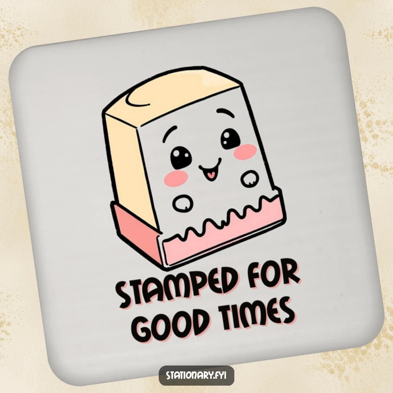 Funny drink coaster depicting a cheerful rubber stamp enthusiastically stamping a wobbly line, a humorous surface protector.